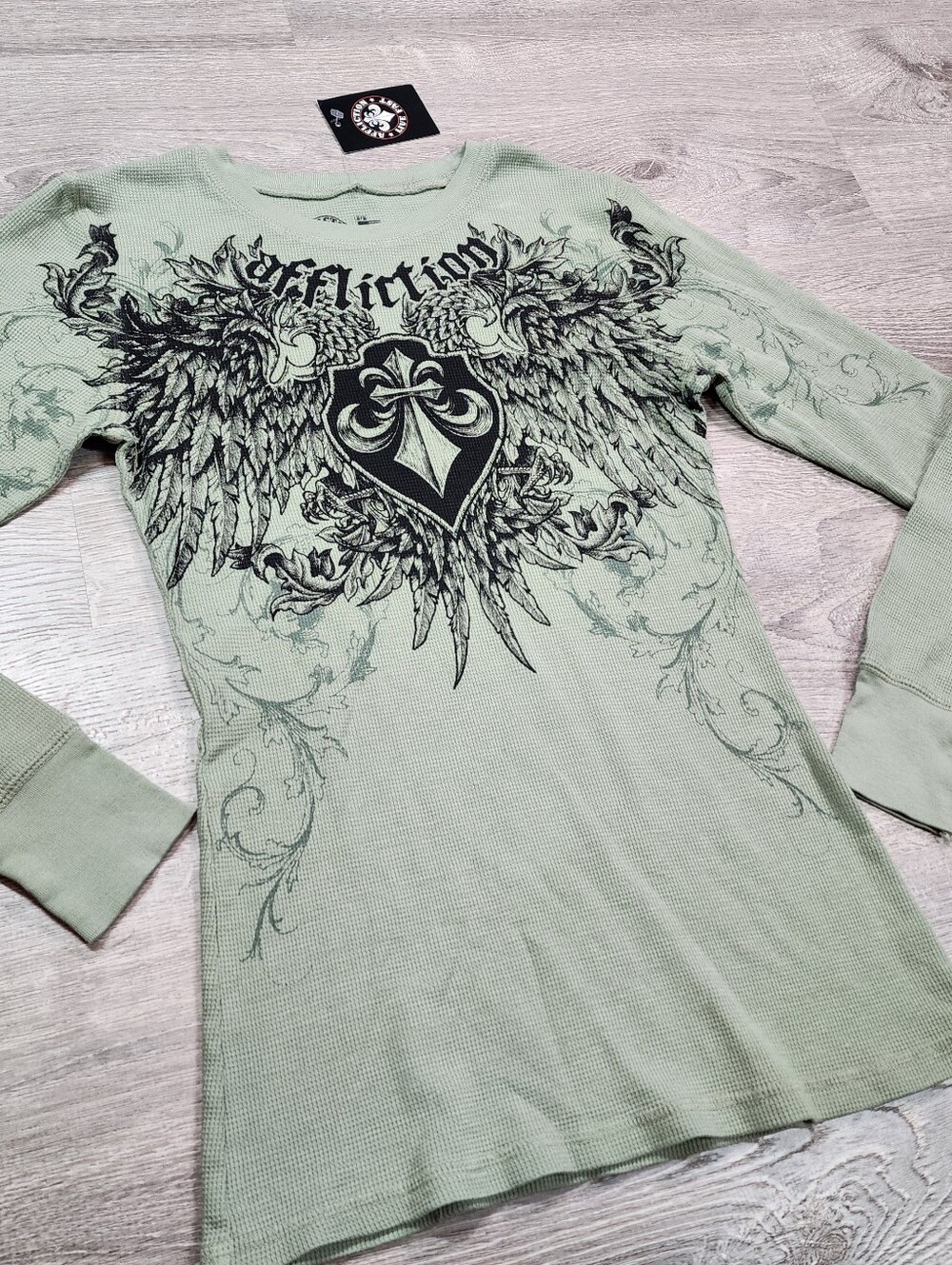 NWT AFFLICTION Women's Green Thermal Graphic Wings Long Sleeve Shirt Top Medium